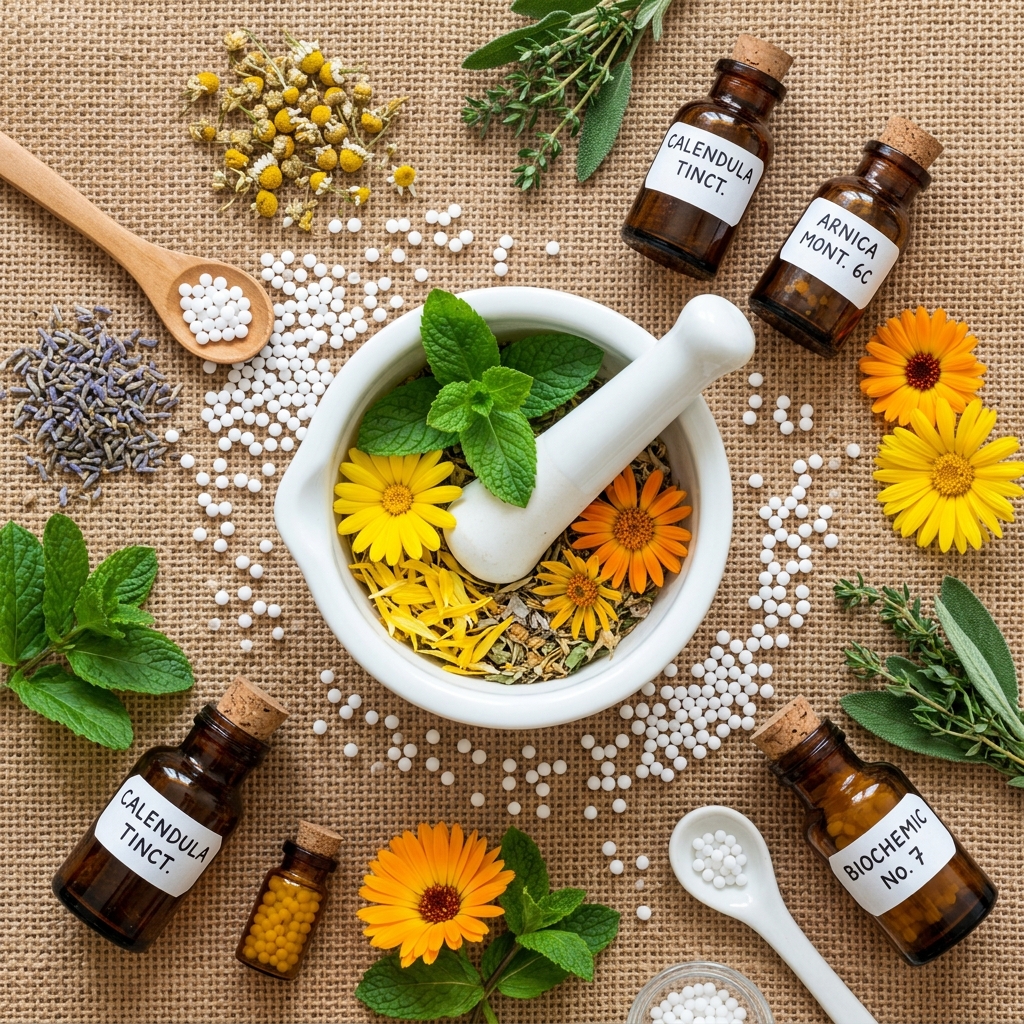 Homeopathic Apothecary Elements Mortar & Pestle, Calendula & Mint Leaves on Burlap background